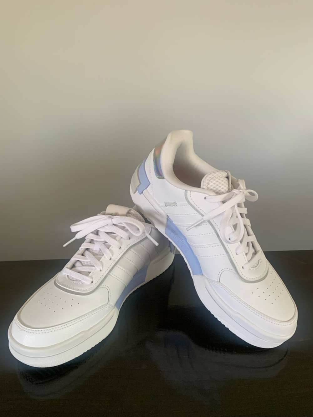 adidas Women's Postmove SE White Sneakers with blue and Iridescent Heel Accents - Picture 9 of 14